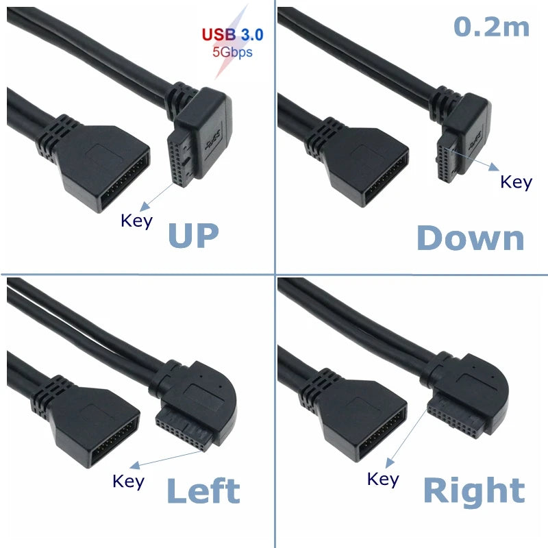 CableCC 90° USB 3.0 20-Pin Motherboard Extension Cable – Straight/Left/Right/Up/Down, 0.2m