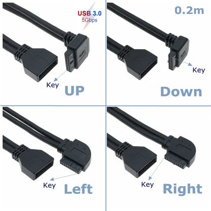 CableCC 90° USB 3.0 20-Pin Motherboard Extension Cable – Straight/Left/Right/Up/Down, 0.2m