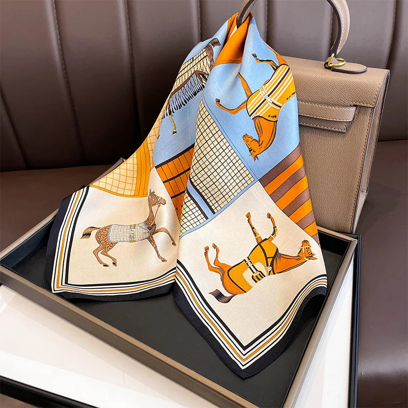 Fashion square silk scarf by R.E.D. Shopping, featuring a stylish design, worn as a hairband or neck shawl, in the image.