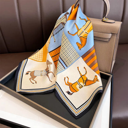 Fashion square silk scarf by R.E.D. Shopping, featuring a stylish design, worn as a hairband or neck shawl, in the image.