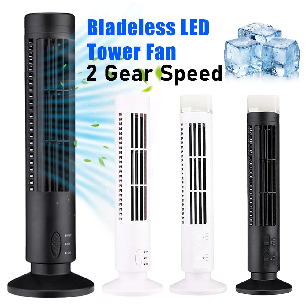 LED Bladeless Tower Fan — 90° Oscillating, USB Powered, Quiet, Desk Fan with Light, Home & Office