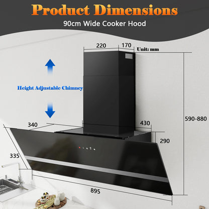90cm Wall-Mounted Range Hood – A+++ Energy Class, 400m³/h, Touch Control, LED, Black Stainless Steel/Glass, 58dB