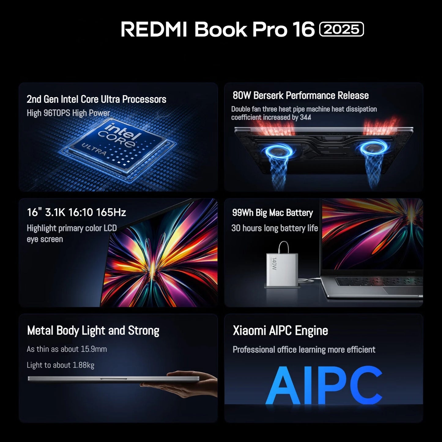 Xiaomi Redmi Book Pro 16 — Intel Ultra 7/Ultra 5, Arc Graphics, 32GB LPDDR5X, 1TB SSD, 3.1K 165Hz
