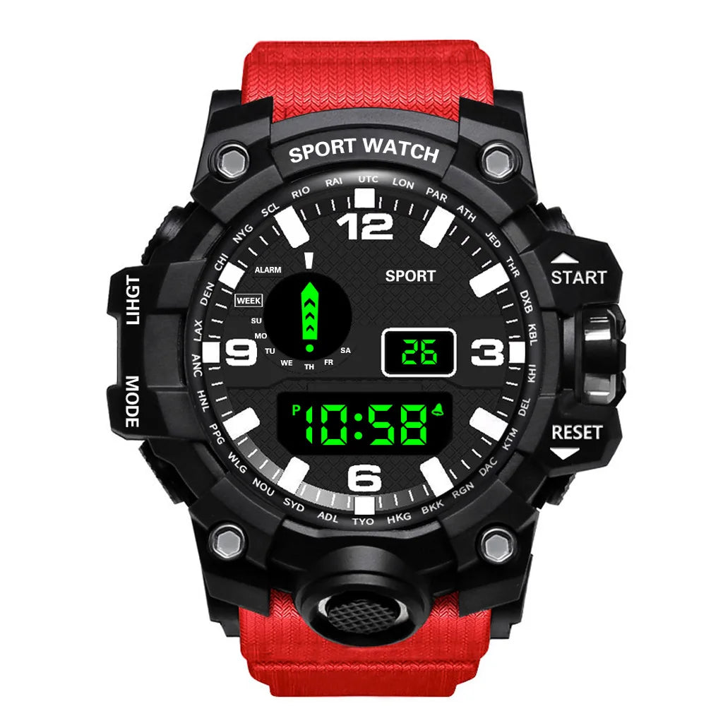 Men's R.E.D. Sports electronic wristwatch with large dial, luminous display, waterproof design, and alarm function.