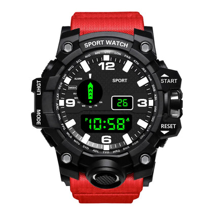 Men's R.E.D. Sports electronic wristwatch with large dial, luminous display, waterproof design, and alarm function.