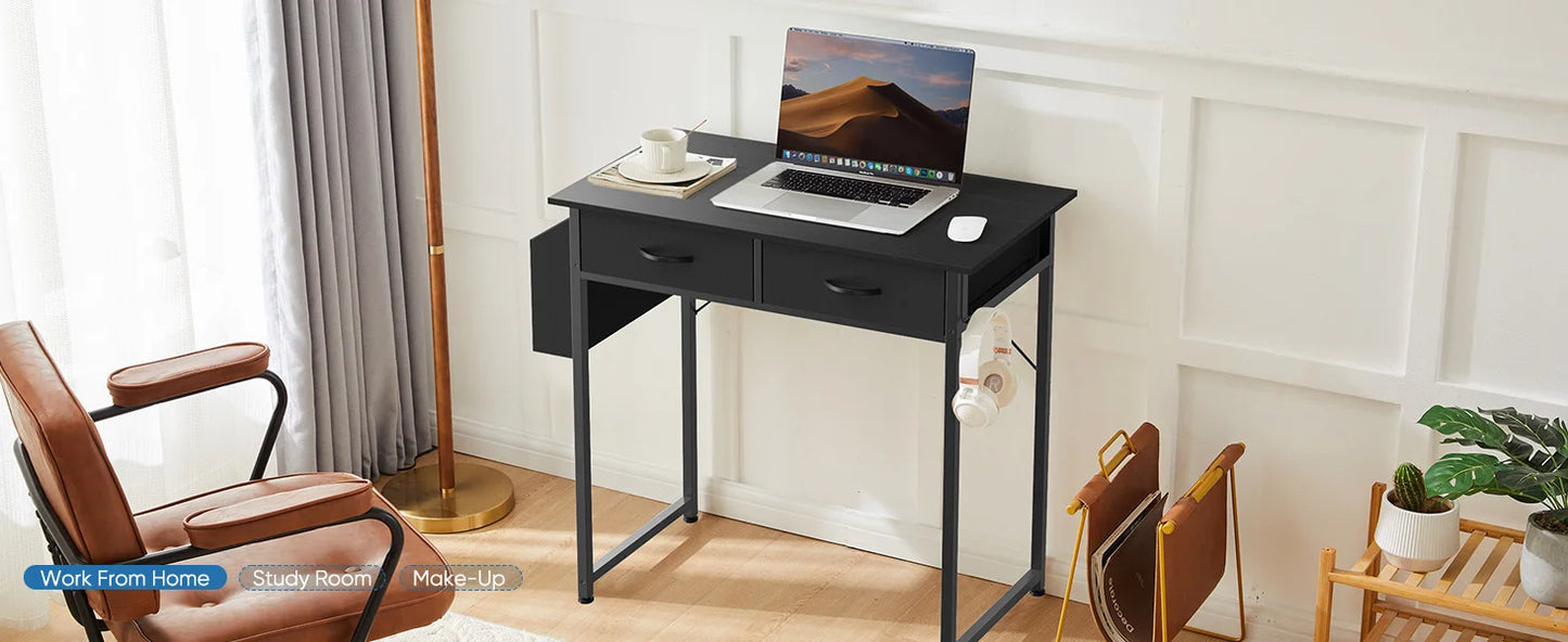 JHK 32" Office Desk with Fabric Storage Drawers & Side Bag – Metal Frame Home PC Table