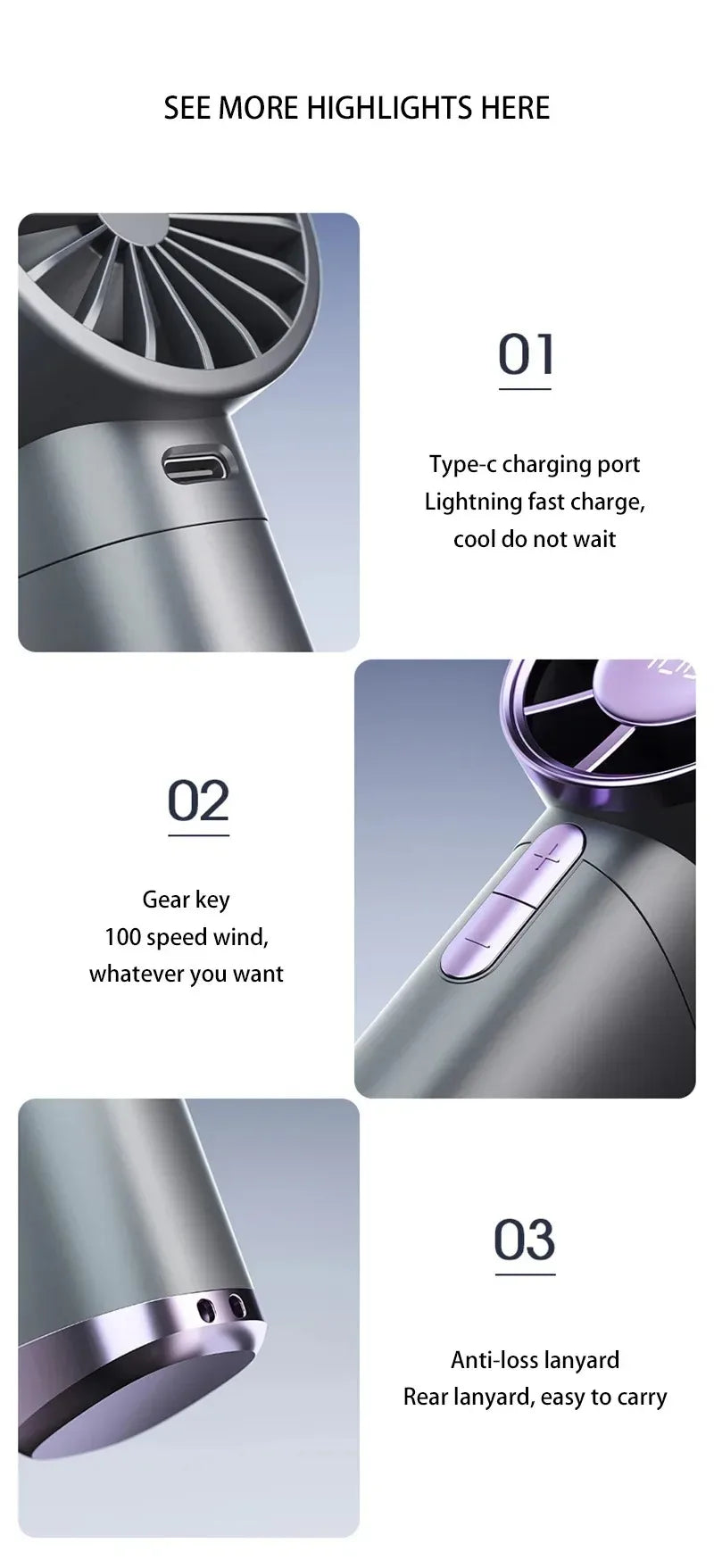 Portable R.E.D. Shopping handheld electric fan with aluminum alloy body, digital display, multiple speeds, rechargeable large wind fan