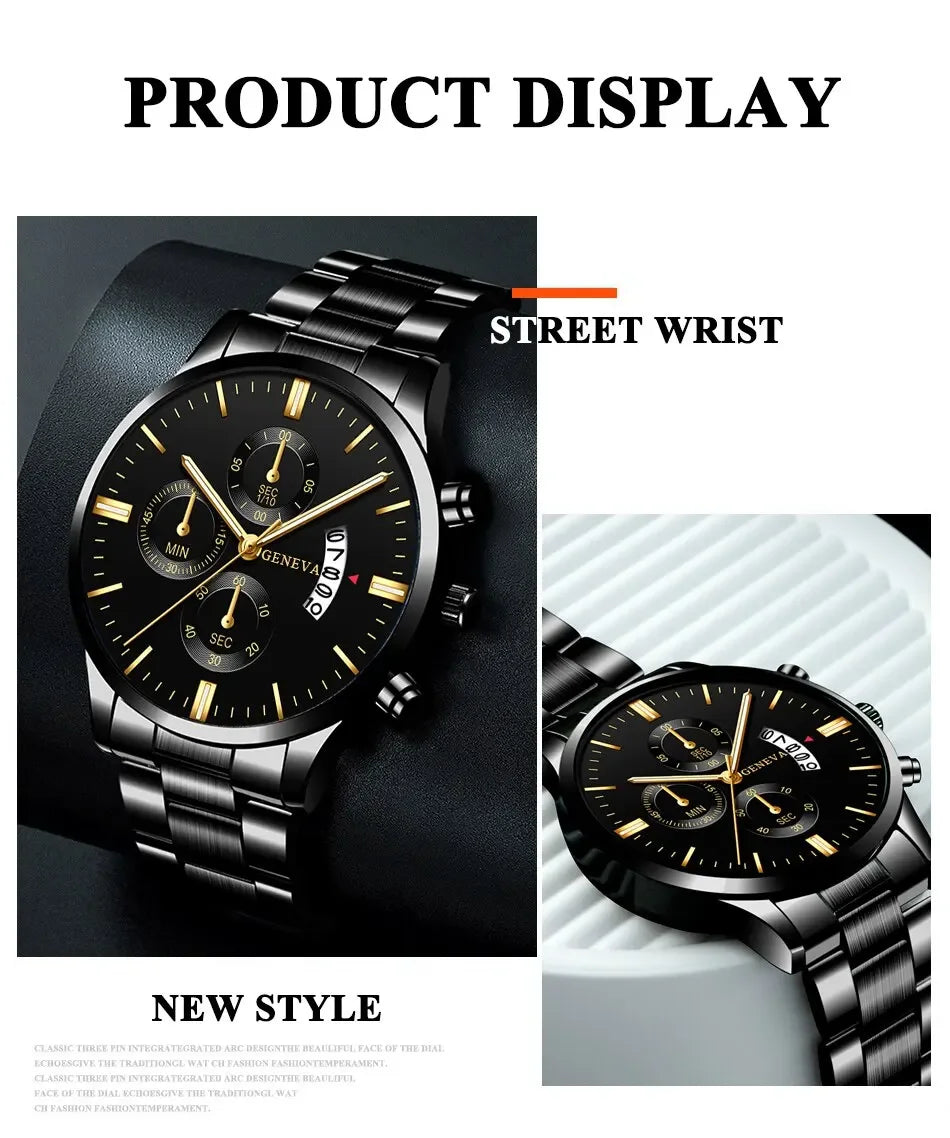Men’s luxury stainless steel quartz wristwatch with calendar display, stylish business accessory by R.E.D. Shopping.