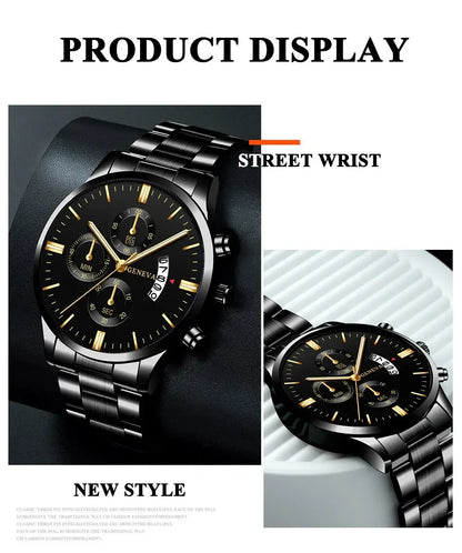 Men’s luxury stainless steel quartz wristwatch with calendar display, stylish business accessory by R.E.D. Shopping.