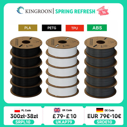 KINGROON 3D Printer Filament Bundle – 5KG, 1.75mm PLA / PETG / TPU / ABS, No Bubbles, Random Spool