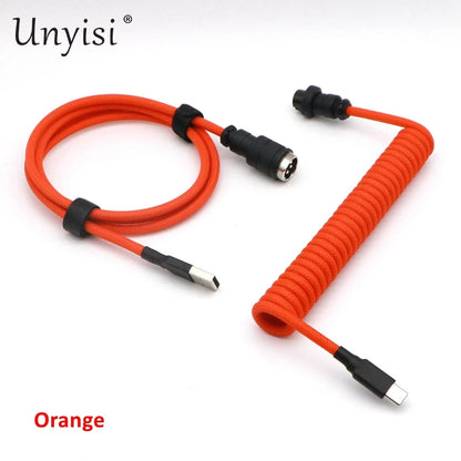 Handmade paracord and PET coiled USB-A to USB-C cable with GX16 aviator connector for mechanical keyboards, by R.E.D. Shopping.