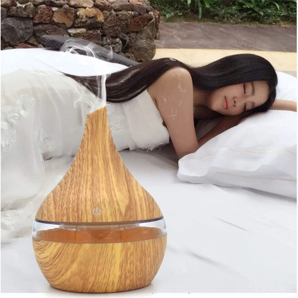 Portable Aroma Diffuser & Humidifier – 300ml, USB, 7-Color RGB Night Light | Light/Dark Wood, White