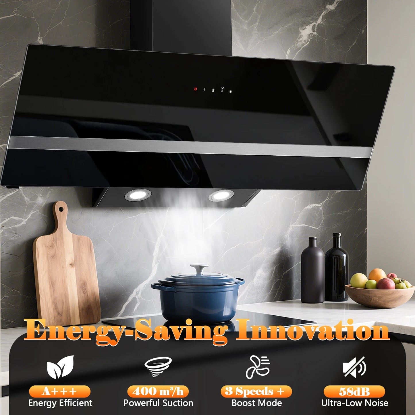 90cm Wall-Mounted Range Hood – A+++ Energy Class, 400m³/h, Touch Control, LED, Black Stainless Steel/Glass, 58dB