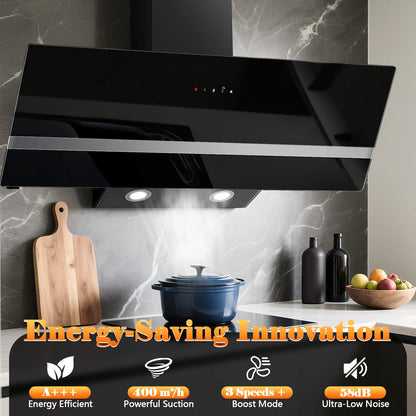 90cm Wall-Mounted Range Hood – A+++ Energy Class, 400m³/h, Touch Control, LED, Black Stainless Steel/Glass, 58dB