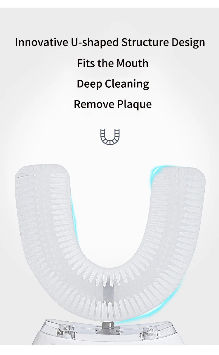 360° U-Type Automatic Electric Toothbrush – Ultrasonic, Rechargeable, Blue Light, IPX7 Waterproof | Adults