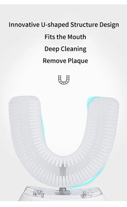 360° U-Type Automatic Electric Toothbrush – Ultrasonic, Rechargeable, Blue Light, IPX7 Waterproof | Adults