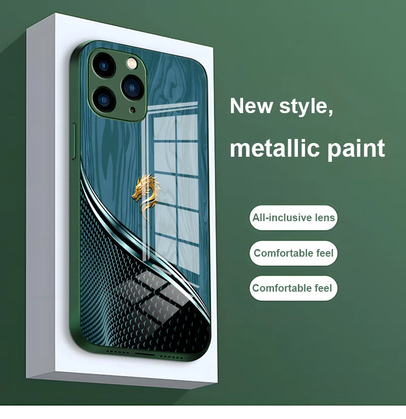Wood grain dragon and rose design on R.E.D. Shopping tempered glass iPhone case, showcasing artistic protective cover for mobile phones.