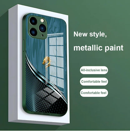 Wood grain dragon and rose design on R.E.D. Shopping tempered glass iPhone case, showcasing artistic protective cover for mobile phones.