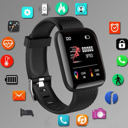 R.E.D. Shopping smartwatch displaying message alerts and fitness tracking on a sleek wearable device for Android and iOS.