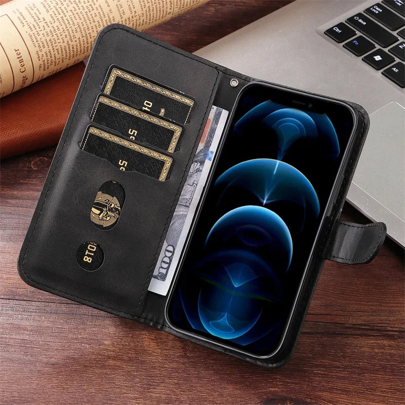 Leather iPhone 16 Plus zipper wallet case with card slots and magnetic stand, offering stylish protection and convenience.