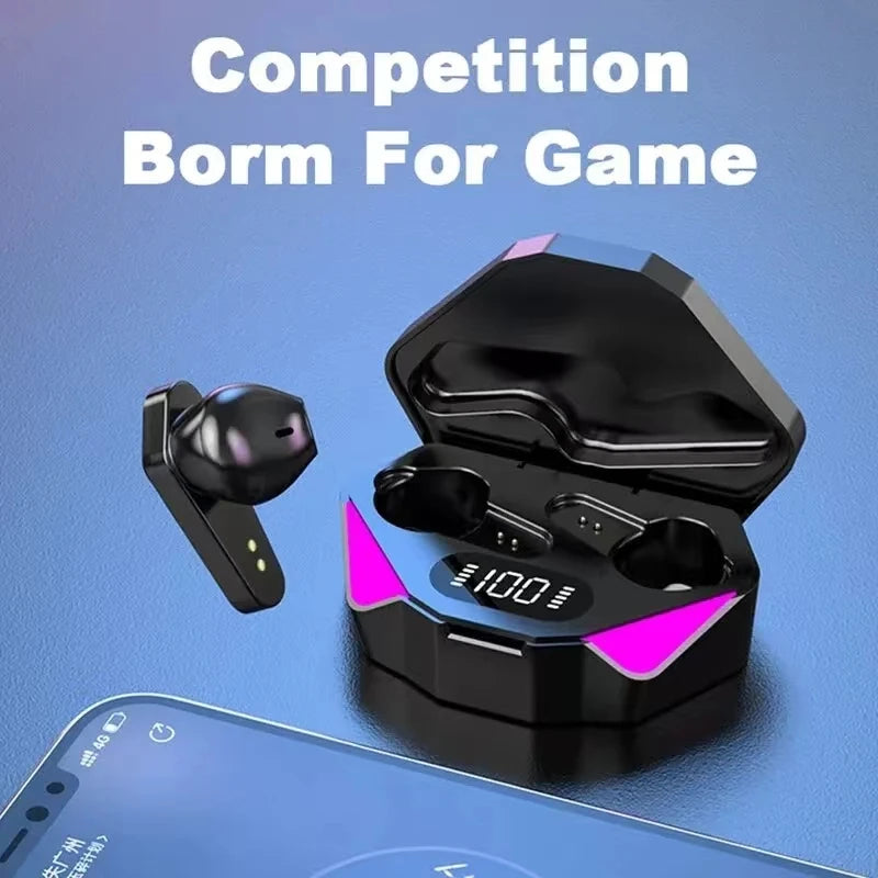 Wireless Bluetooth gamer earbuds with LED display, built-in mic, noise cancelling, and sleek design for immersive audio.