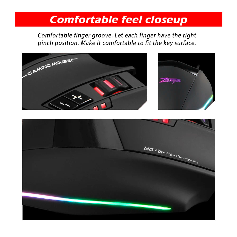ZELOTES C13 Wired Gaming Mouse | 13 Keys | 10000 DPI | RGB | Laser Sensor | For Laptop & PC