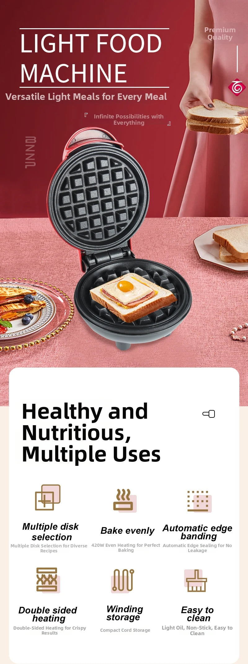 Mini Electric Waffle Maker – Double-Sided Heating, Sandwich & Breakfast Maker | Round & Heart Shape | US/EU/UK