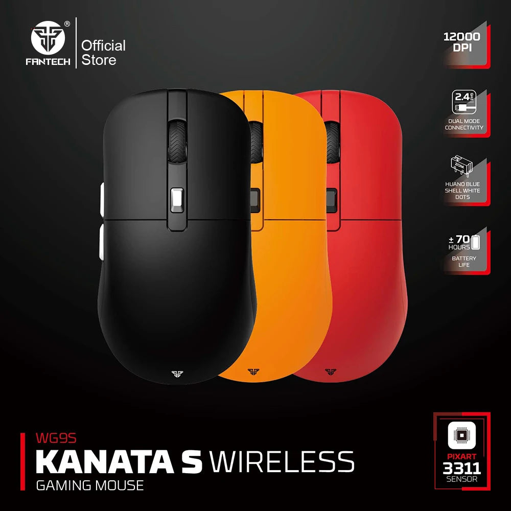 Wireless gaming mouse FANTECH KANATAS WG9S with PIXART 3311 sensor, 12000 DPI, macro buttons, black design.