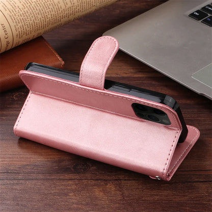 R.E.D. Shopping iPhone 16 Plus zipper wallet case with card slots, magnetic stand, leather cover, and phone protection.
