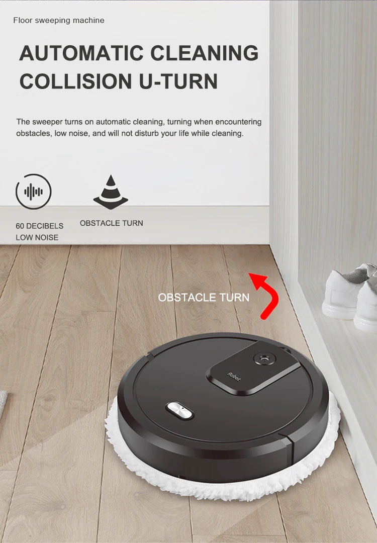 R.E.D. Shopping smart sweeping and mop robot with humidifying spray cleaning a hardwood floor automatically.