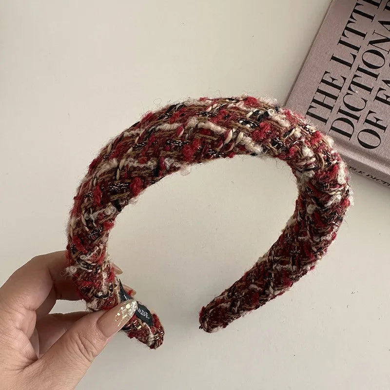 Red Christmas fashion headband with vintage wool style, soft cloth hair accessory for festive holiday style.