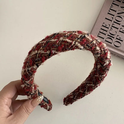Red Christmas fashion headband with vintage wool style, soft cloth hair accessory for festive holiday style.