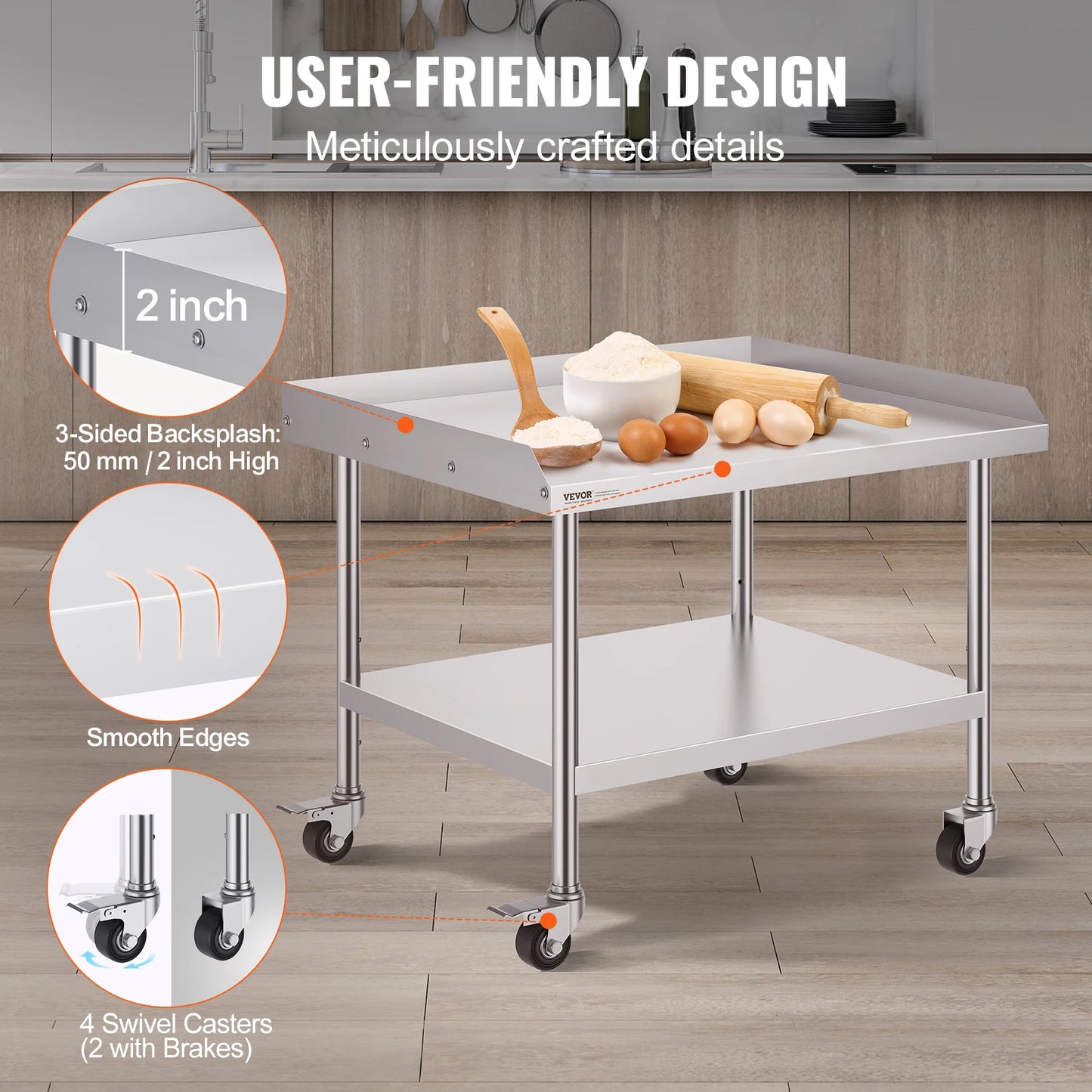 SucceBuy Stainless Steel Work Table – Commercial Food Prep Worktable with 4 Wheels, Heavy Duty