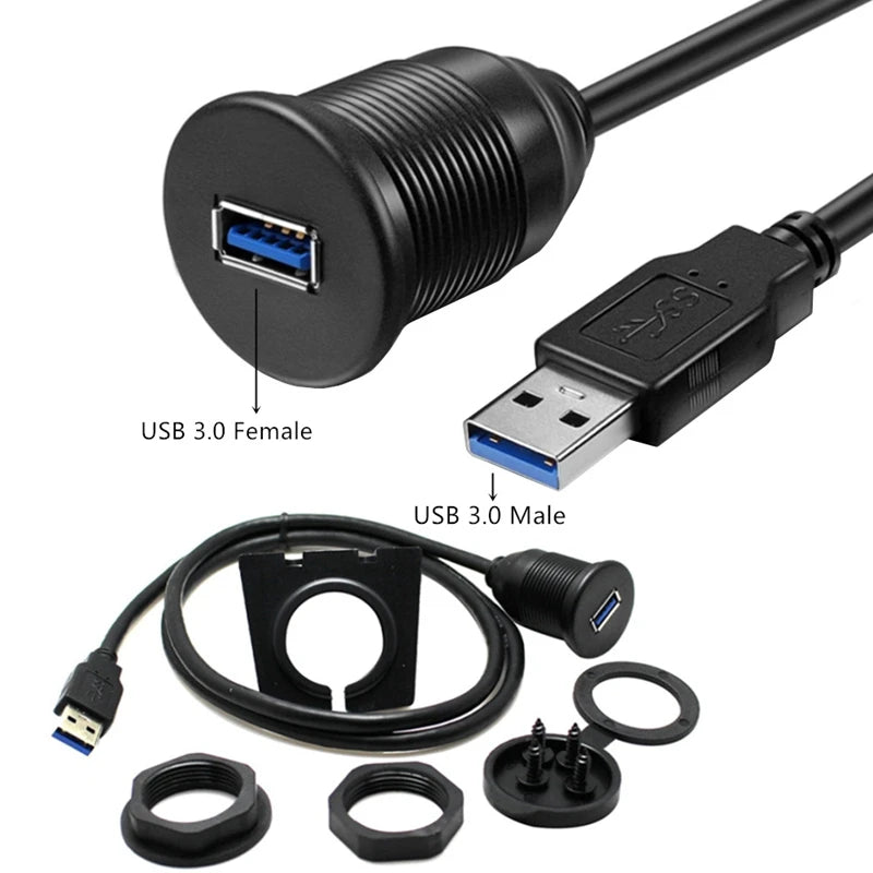 USB Panel Flush Mount Extension Cable with LED – USB 2.0/3.0, 1m/2m, for Car, Truck, Boat, Motorcycle Dashboard