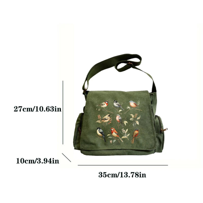 Vintage Bird Print Canvas Crossbody Bag - Large Capacity Shoulder Bag