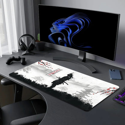 Large Japan Samurai Fantasy Mask mouse pad by R.E.D. Shopping featuring a detailed samurai mask design on a non-slip gaming desk mat