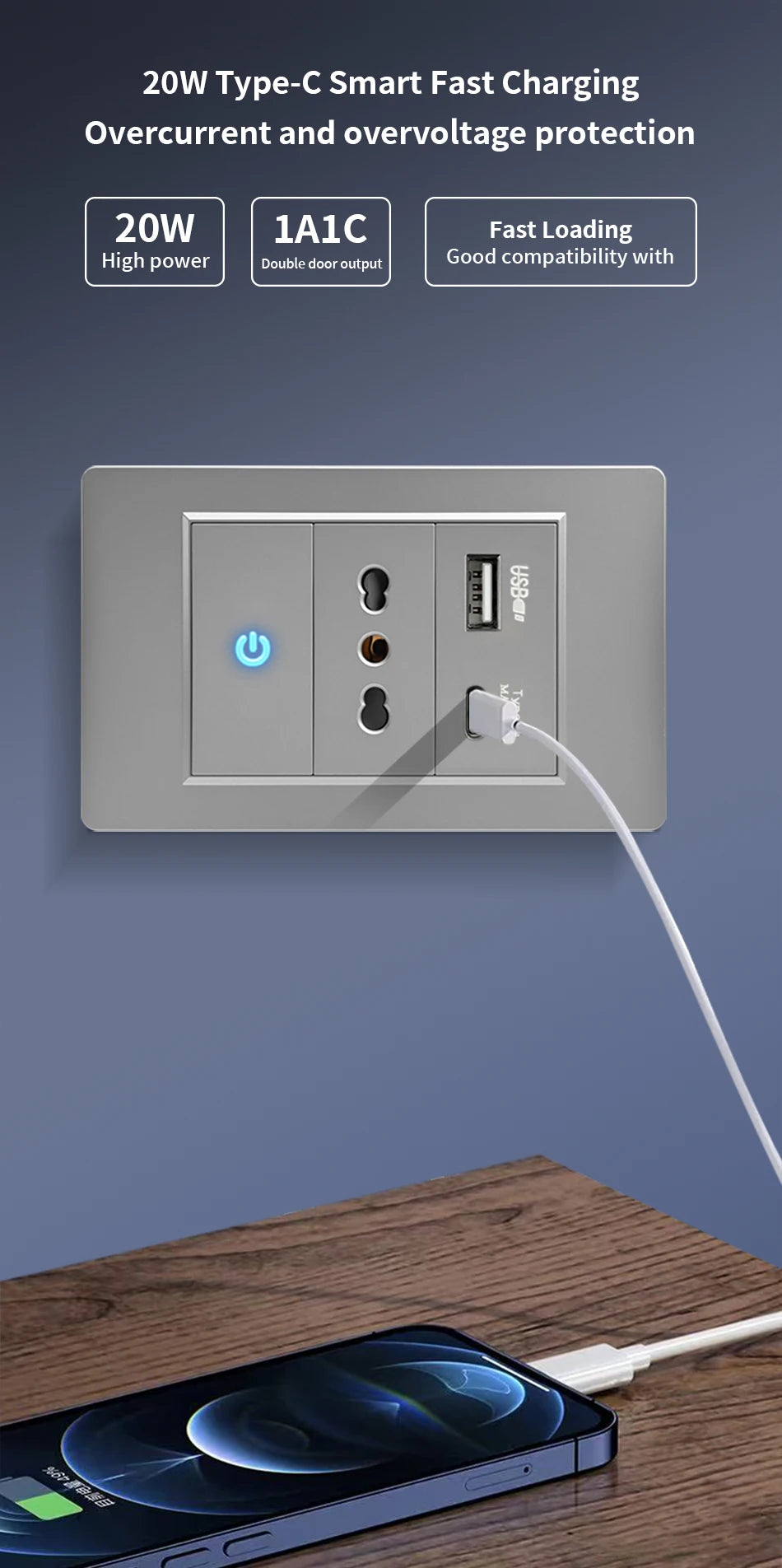 DELEFU Black Tempered Glass Wall Socket – USB Type-C Fast Charging Schuko & Italy