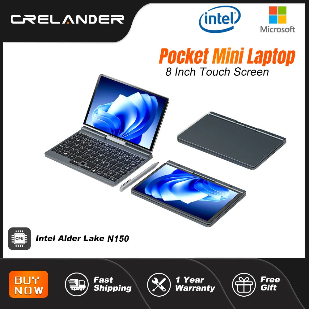 CRELANDER P8 8" 2-in-1 Mini Laptop | Intel N150 | 12GB DDR5 | Touch Screen | WiFi 6 | Win 11 | Pocket PC