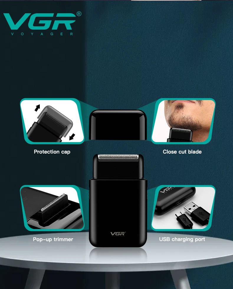 R.E.D. VGR electric shaver with portable design, USB charging, and beard trimming features for men's grooming.