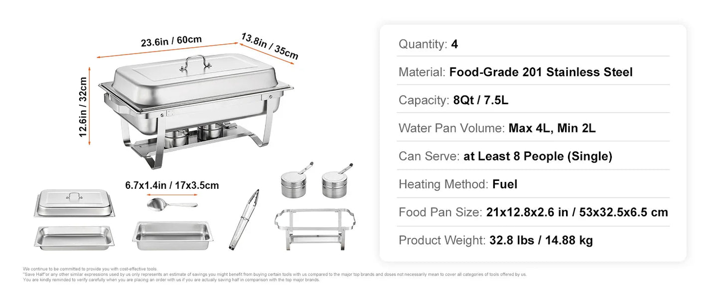 SucceBuy 8QT Rectangle Chafing Dish Set – 2/4/6 Pack Buffet Catering Warmer