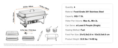 SucceBuy 8QT Rectangle Chafing Dish Set – 2/4/6 Pack Buffet Catering Warmer