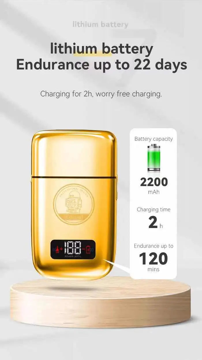 Kemei Km-Tx3 electric gold metal shaver with reciprocating blades, USB charging, designed for personal hair styling and grooming.