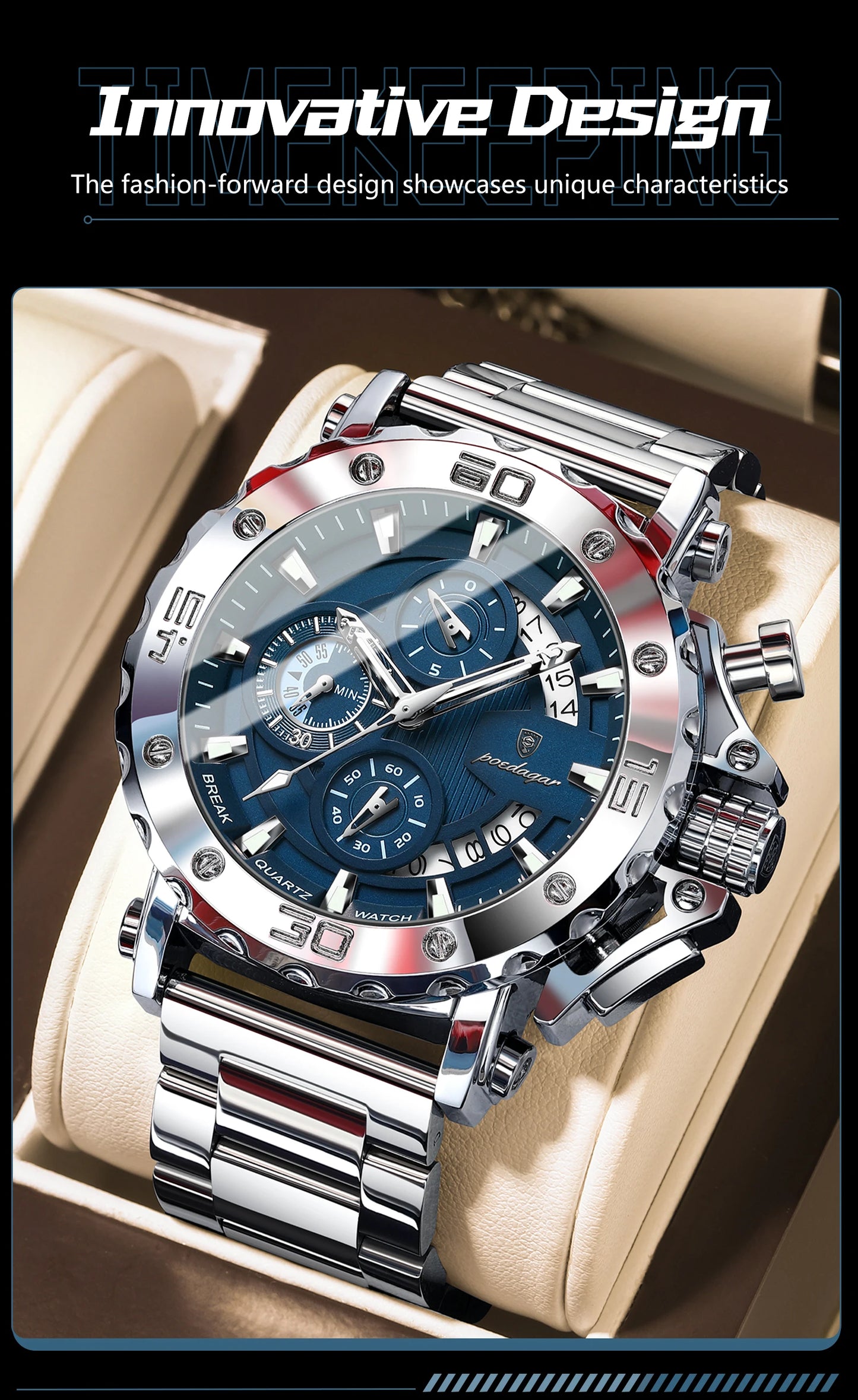POEDAGAR Men's Luxury Chronograph Watch – Calendar, Luminous, Waterproof, Stainless Steel Quartz