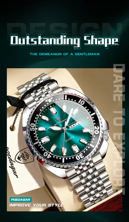 POEDAGAR Luxury Men's Quartz Watch – Date, Week, Luminous & Waterproof Stainless Steel