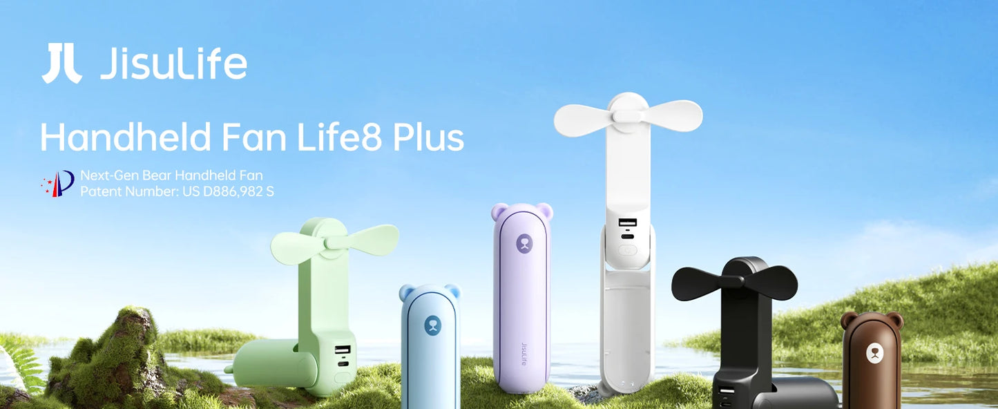 JISULIFE Portable Handheld Fan with Power Bank & Flashlight