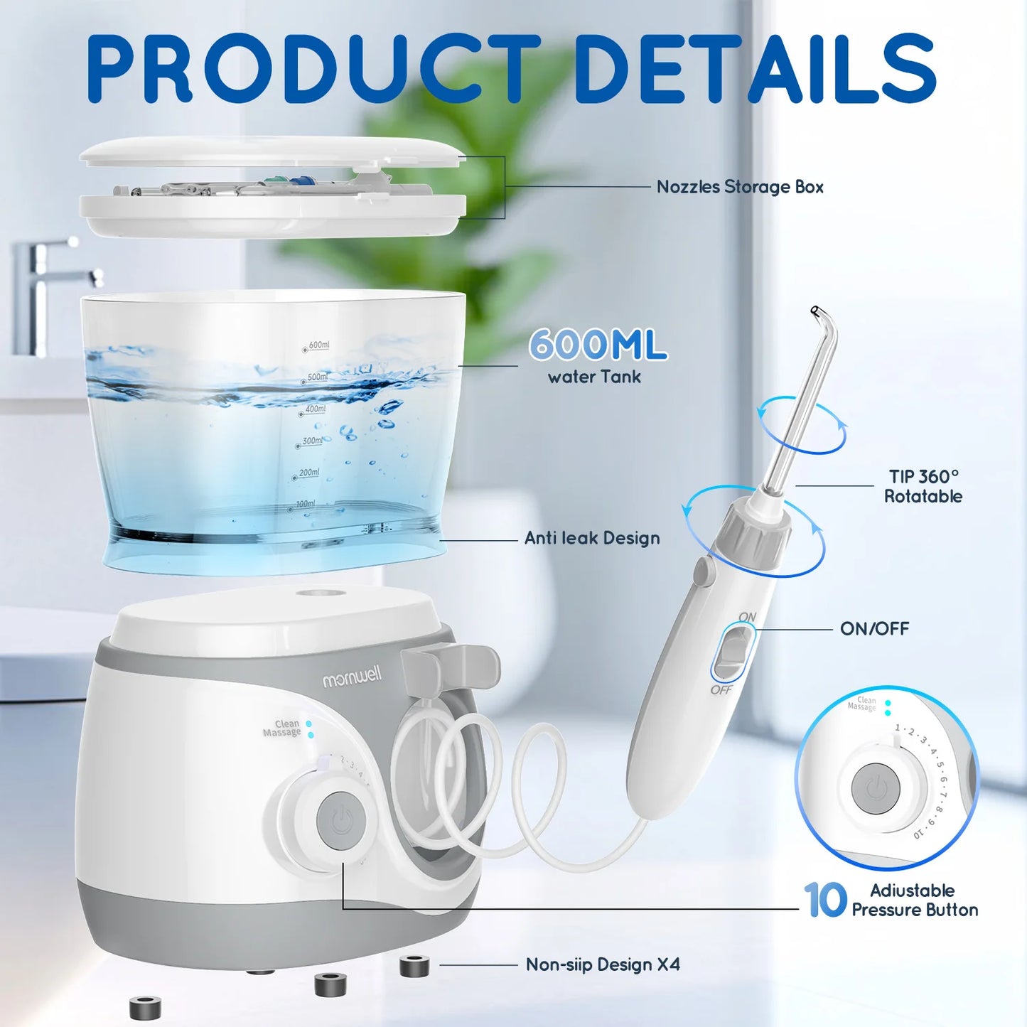 Home Water Flosser 600ml | 10 Pressure Settings | 6 Nozzles | EU Plug | Professional Oral Irrigator