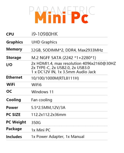 Mini PC Windows 11 Pro — Intel Core i9 10980HK, 32GB RAM, 1TB/2TB SSD, 4K, WiFi6