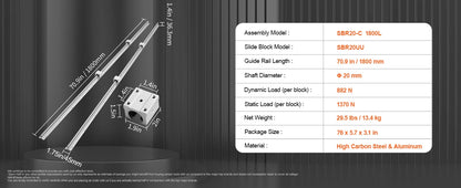 SBR Linear Guide Rails 800–2200mm with UU Bearing Blocks (2+4 Set)