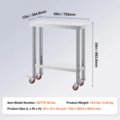SucceBuy Stainless Steel Commercial Kitchen Worktable – Shelves & Caster Wheels