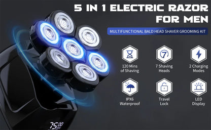 SEJOY 7D Head Shaver for Men – 6-in-1 Electric Razor, Nose Trimmer, Waterproof, 85min Runtime